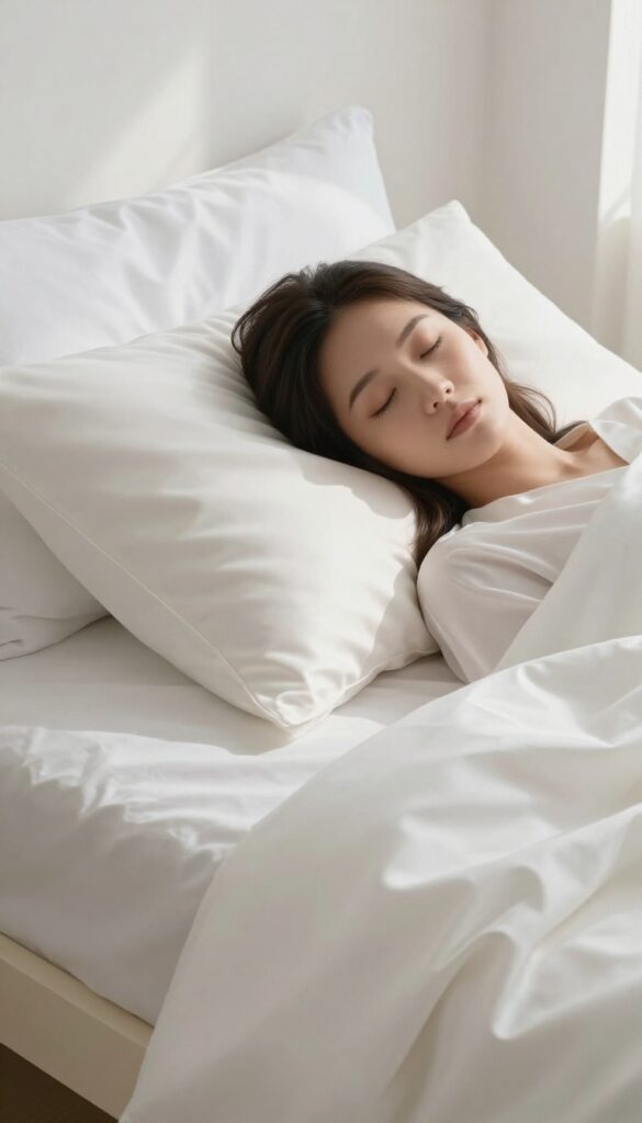 Woman sleeping peacefully on a silk pillowcase in a bright, serene bedroom.