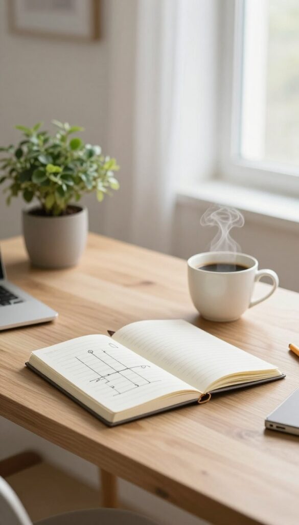 A clean desk with a notebook, coffee, and plant in a bright room, symbolizing consistent daily progress over perfection