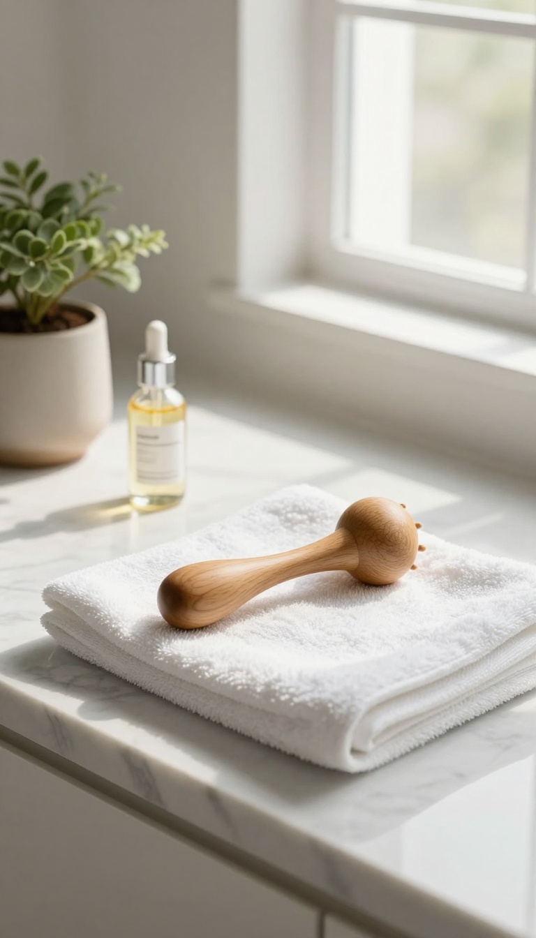Massage tool and body oil on a marble countertop in a bright bathroom