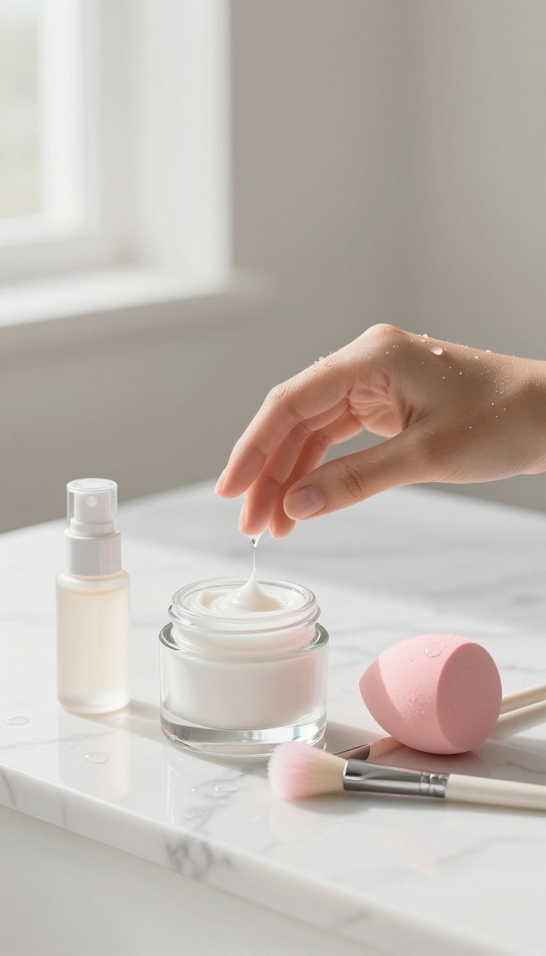 Hydrating base makeup products on a marble surface with a dewy finish