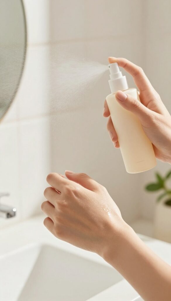 Woman spraying vanilla shea body mist on her wrist in a bright bathroom
