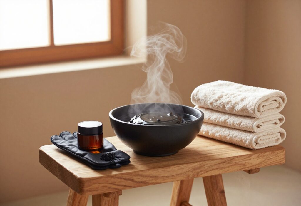 Moroccan hammam essentials: black soap, kessa glove, argan oil, and towels in a steamy bathroom