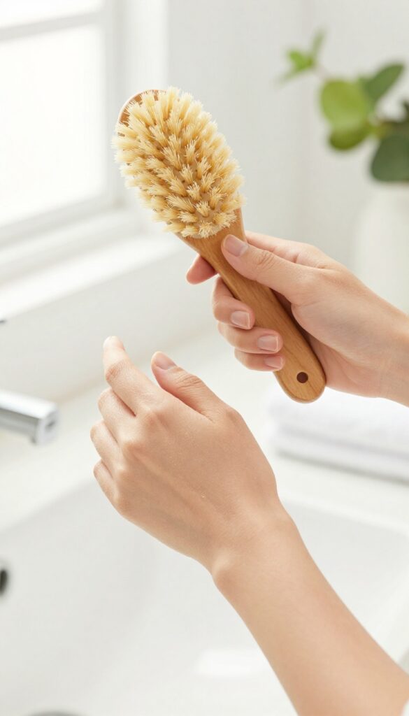 Woman dry brushing her arm with a natural-bristle brush in a bright bathroom