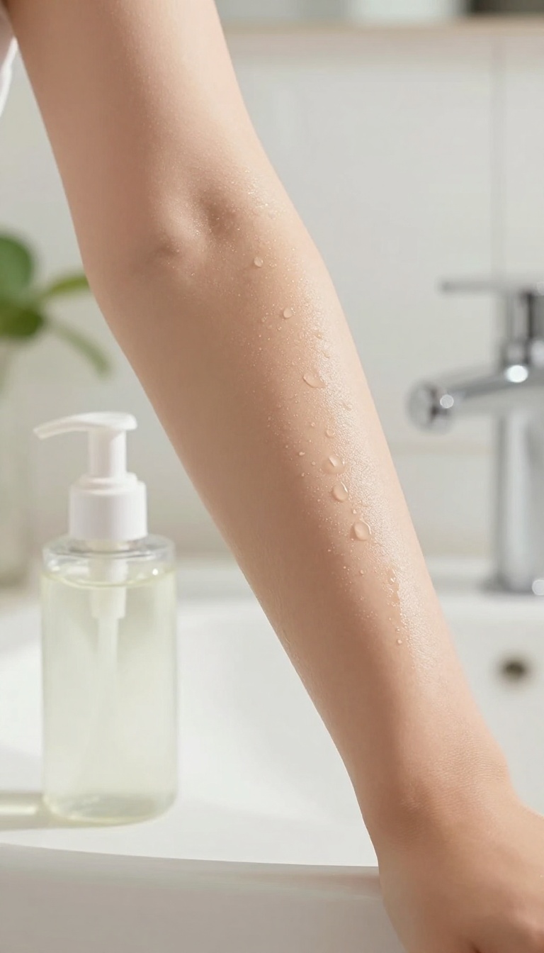 Woman applying body essence to her arm, glass bottle in focus, dewy skin