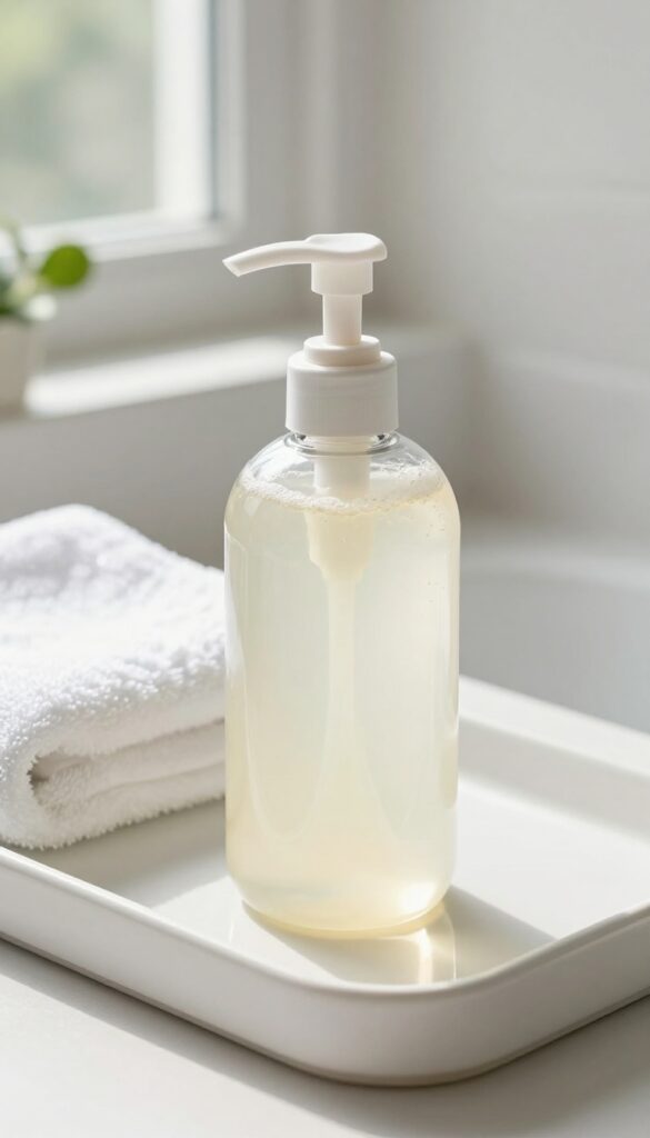 Hydrating body wash in a glass pump bottle on a tray with a towel and plant in a bright bathroom