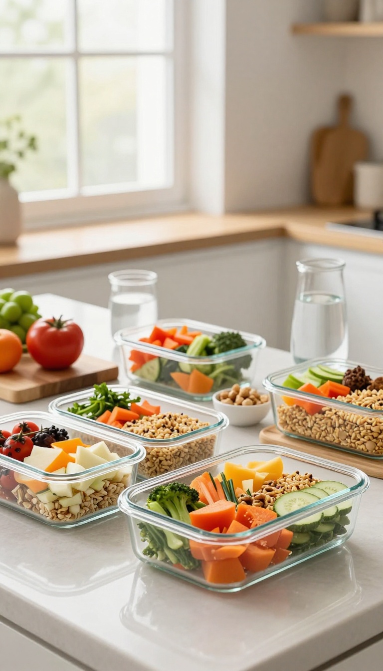 Meal prep containers with fresh vegetables and grains on a kitchen counter in natural light