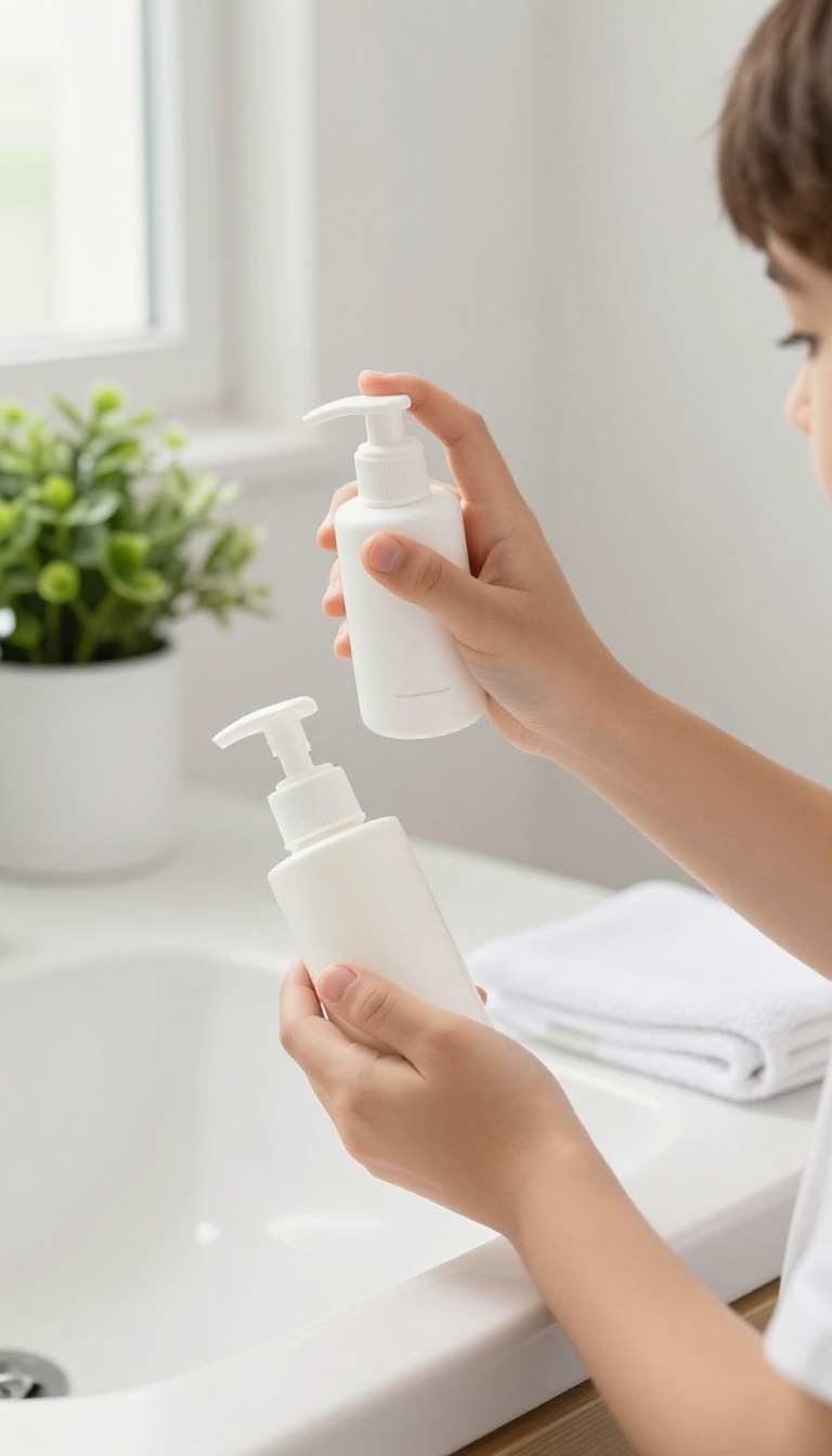 Simple skincare routine with cleanser, moisturizer, and sunscreen on a bright bathroom counter