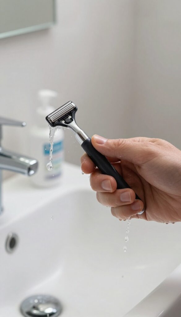 Man rinsing a safety razor under running water in a bright bathroom