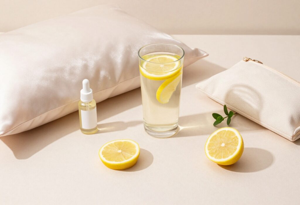 Flat lay of glow-up essentials including silk pillowcase, lemon water, and skincare products