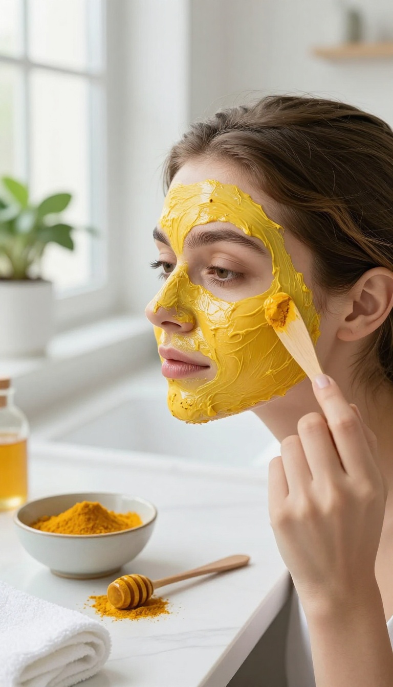 Woman applying a turmeric and yogurt brightening mask to her face in a bright bathroom