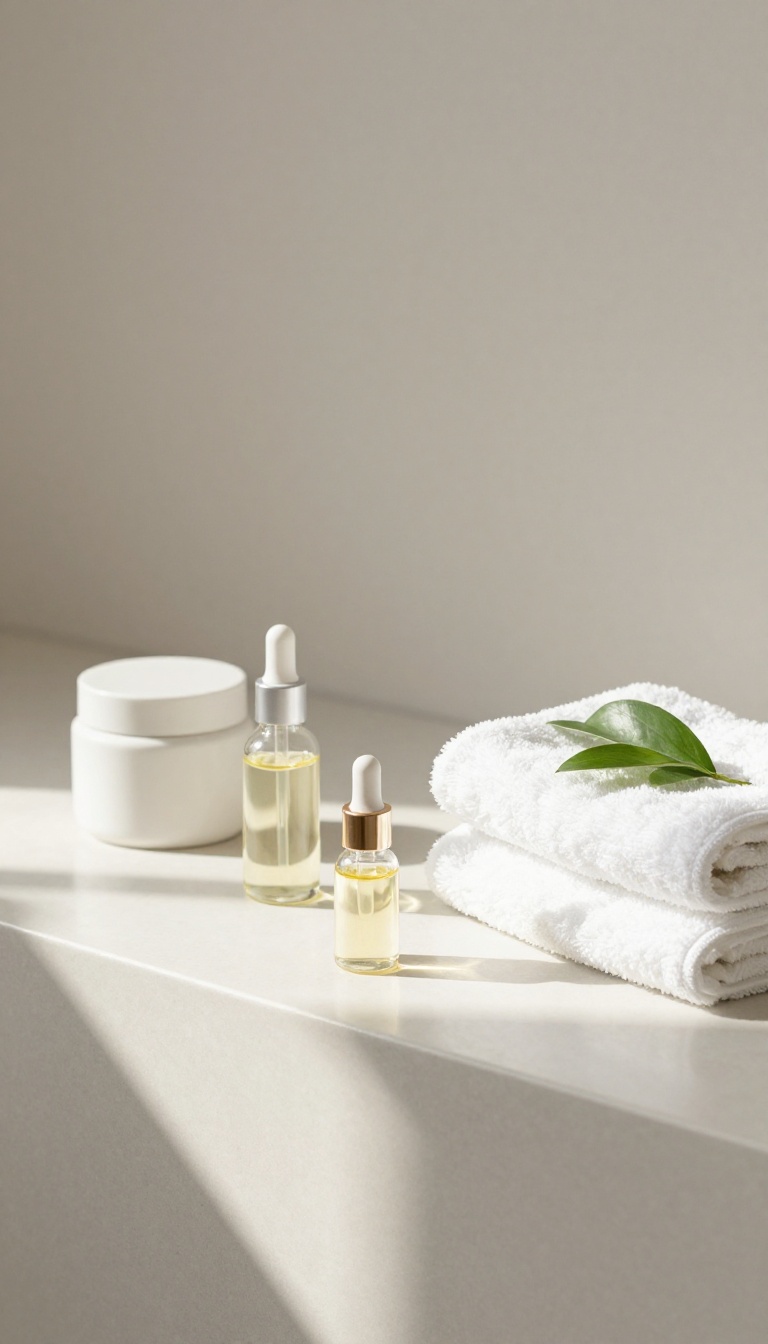 Minimalist skincare products on a bright bathroom counter with soft natural light and a green plant leaf