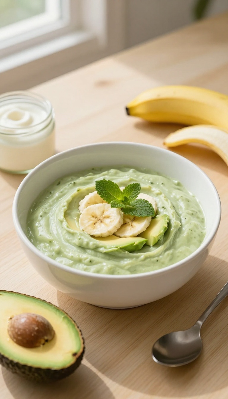 Homemade avocado and banana hair mask in a bowl with fresh ingredients on a wooden table
