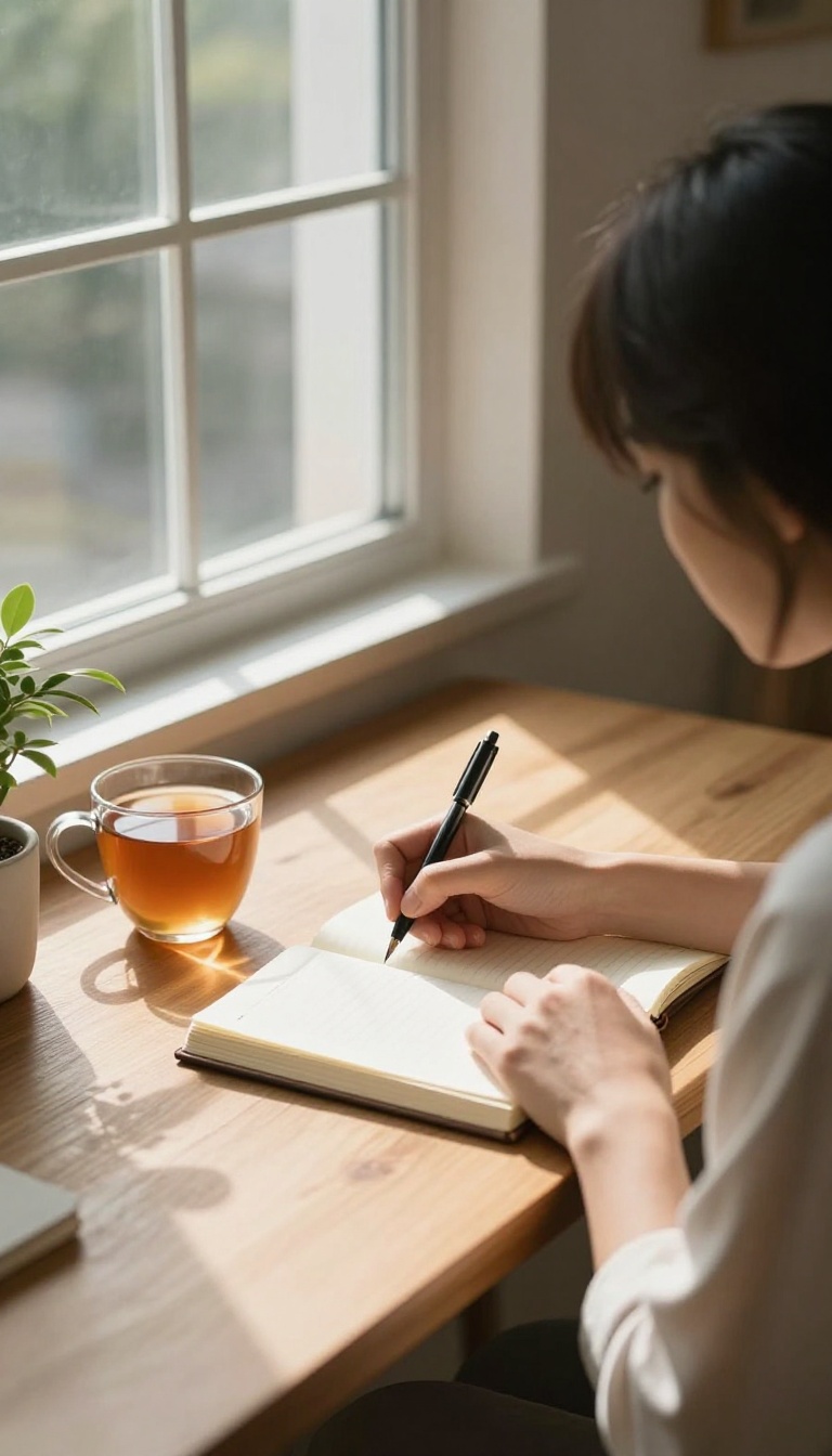 Person reflecting in a journal on a peaceful Sunday morning
