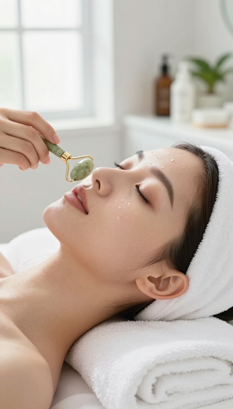 Woman using a jade facial roller on her cheek, with a calm and glowing complexion in a bright spa-like setting.