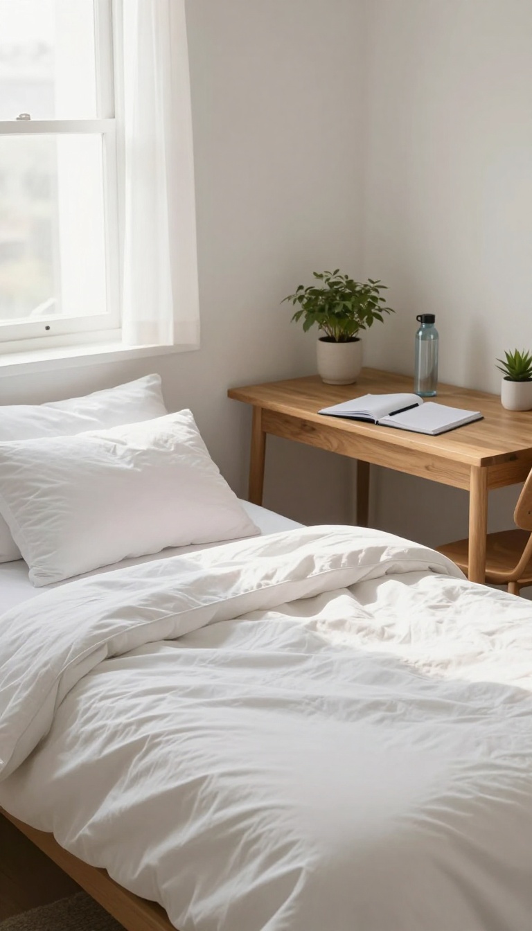 Tidy student bedroom with a made bed and organized desk in soft morning light.