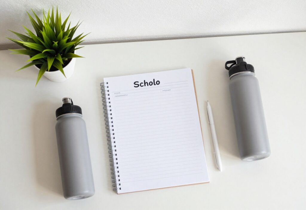 Flat lay of organized school supplies and a planner on a clean desk