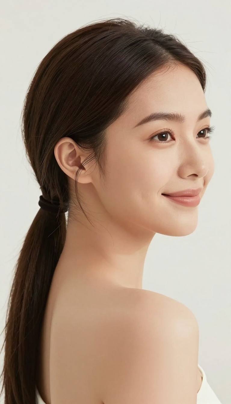 Woman with a sleek low ponytail in bright natural light, looking polished and confident.