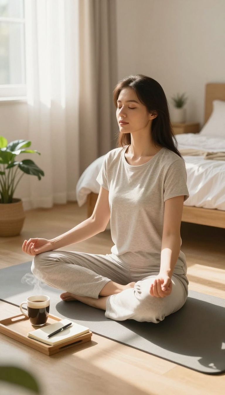 Woman meditating on a yoga mat in a bright, peaceful bedroom with coffee and journal nearby