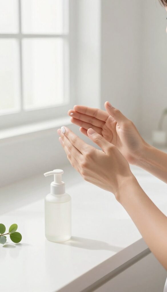Person applying moisturizer to face in a bright bathroom, symbolizing a simple daily skincare routine