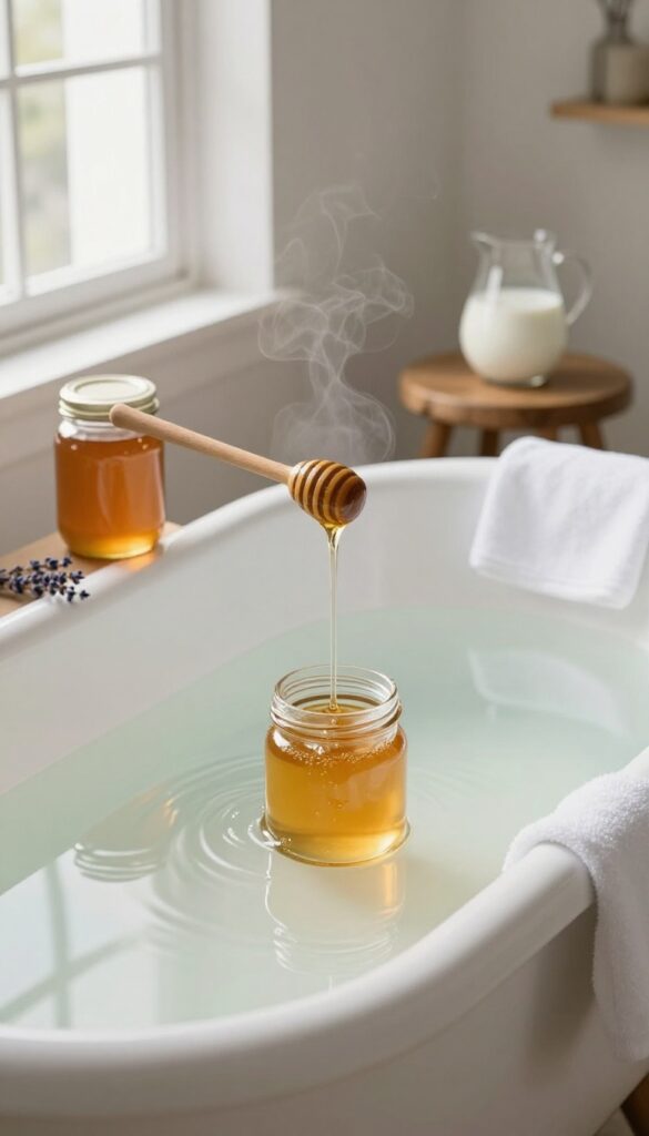 A warm milk and honey bath soak in a clawfoot tub with honey and milk nearby, exuding a relaxing spa vibe.