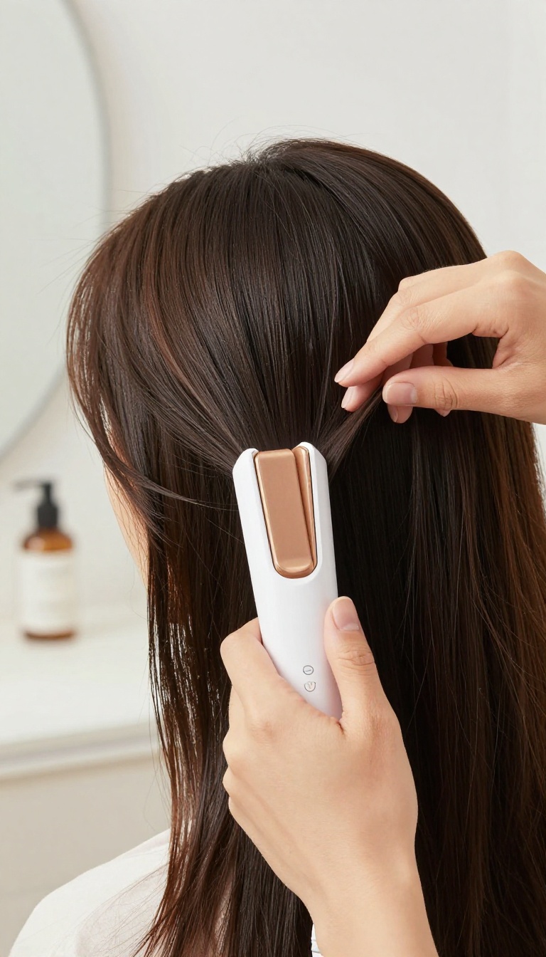 Woman using a flat iron on low heat, touching her healthy, shiny hair