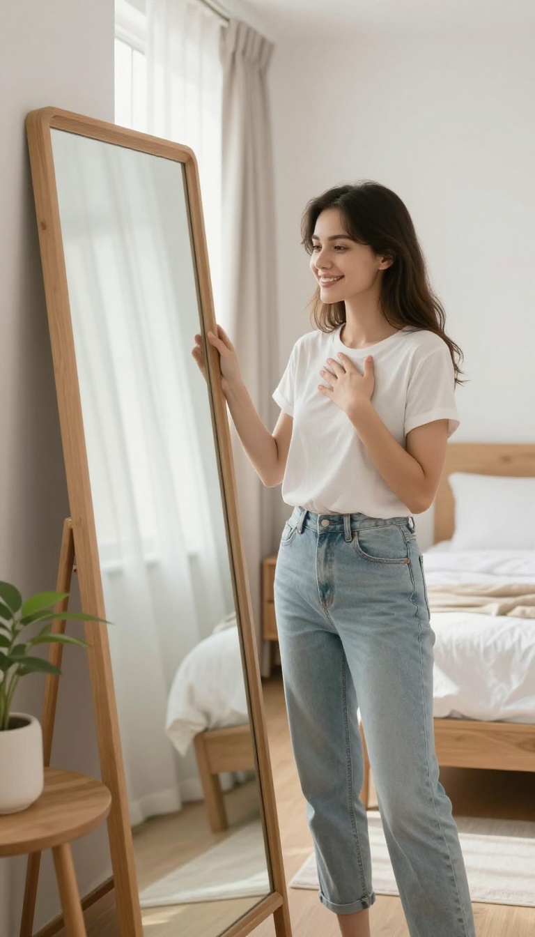 Woman practicing positive affirmations in front of a mirror in a bright, serene bedroom.