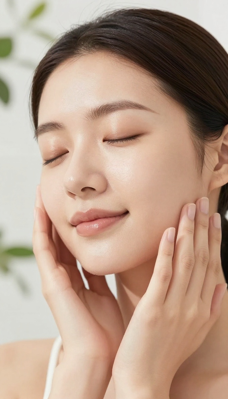 Woman with glowing skin gently touching her face in bright bathroom