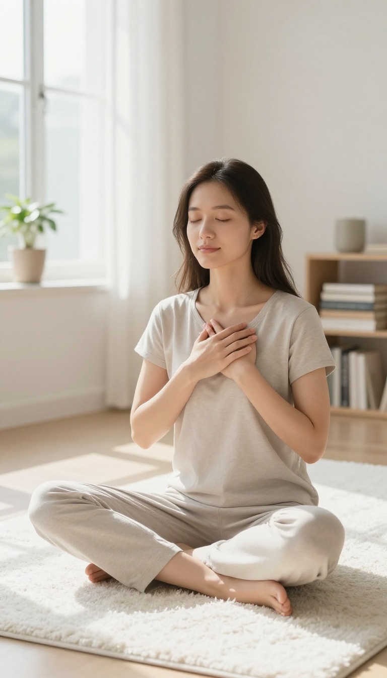 Woman practicing deep breathing in a bright, peaceful living room