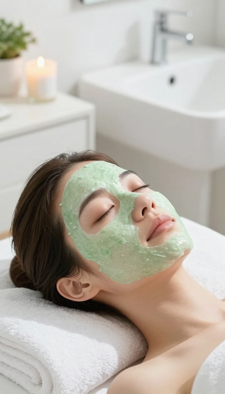 Woman relaxing with a green sheet mask on her face in a bright bathroom, symbolizing a mini facial self-care routine.