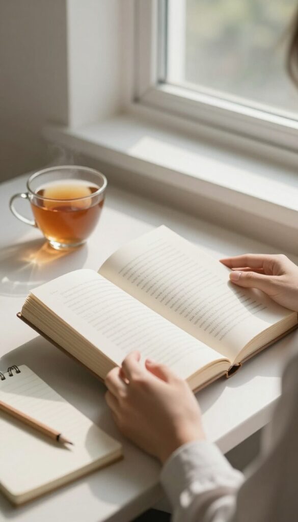 A person reading a book in a cozy, sunlit nook, symbolizing learning something new for personal growth.