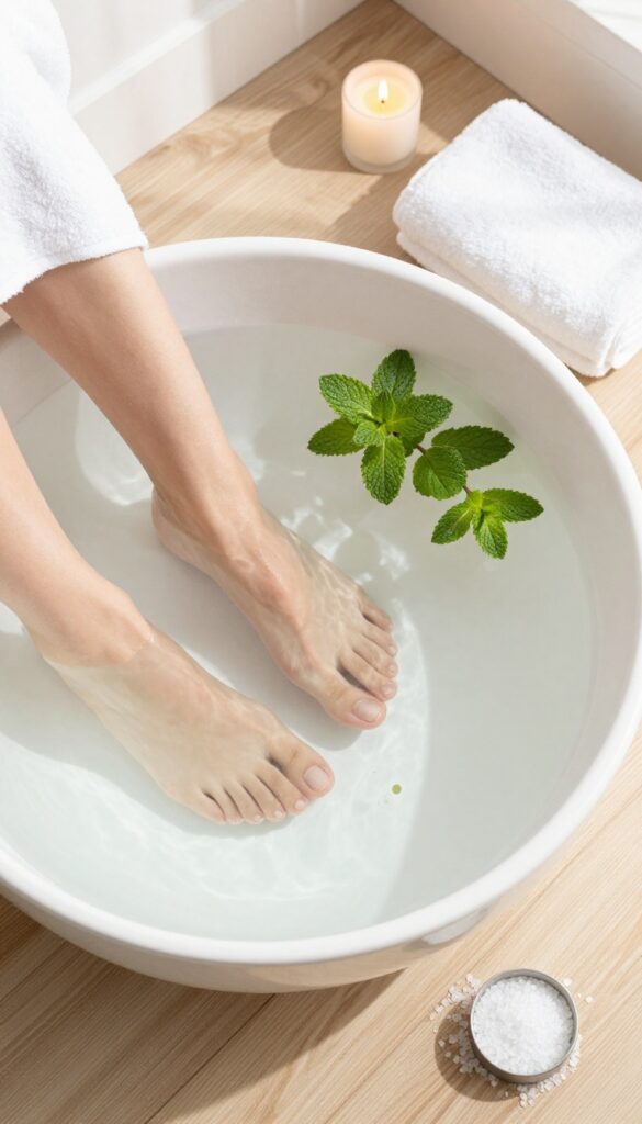 A relaxing foot soak with peppermint oil and Epsom salt in a white basin, surrounded by fresh mint leaves and a candle, on a wooden bathroom floor.