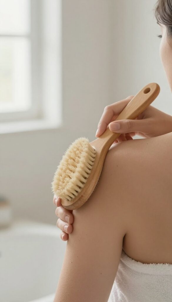 Woman using a body brush on her arm in a bright bathroom for lymphatic drainage self-care ritual.