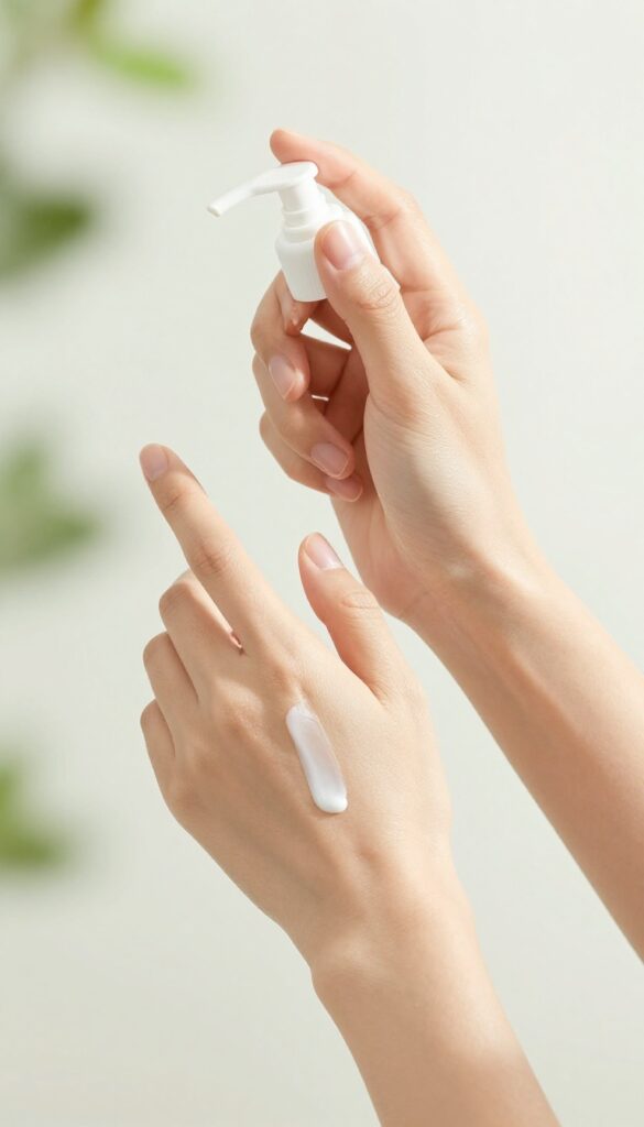 Woman applying sunscreen to her arm in bright natural light, smooth skin, skincare routine