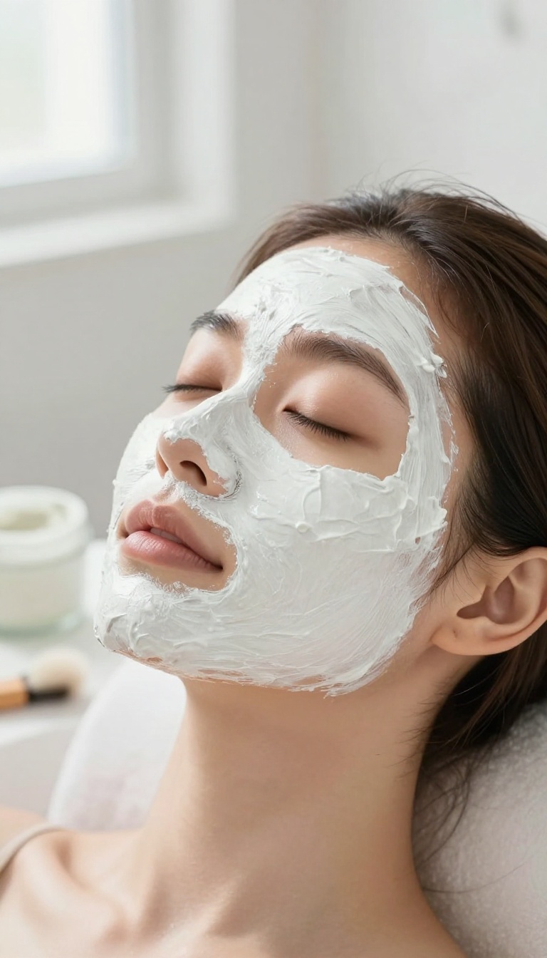 Woman relaxing with a white clay mask on her face in a bright bathroom