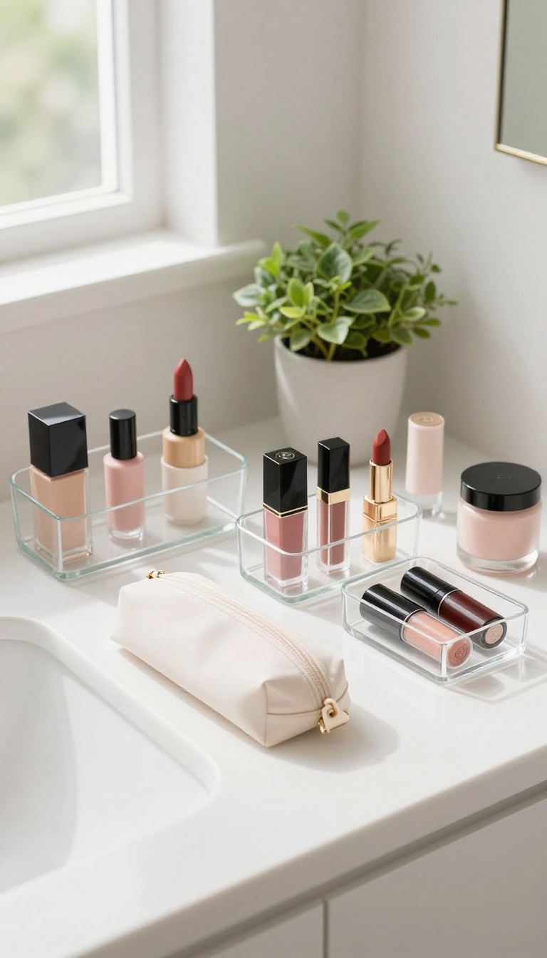 A tidy, organized beauty stash on a bright bathroom vanity with products in clear containers.