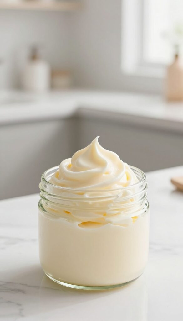Hand scooping fluffy whipped body mousse from a glass jar on a marble surface in a bright bathroom