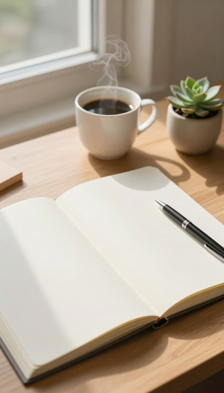 Open journal with a pen on a wooden desk next to a coffee cup and a succulent, bathed in soft morning light.