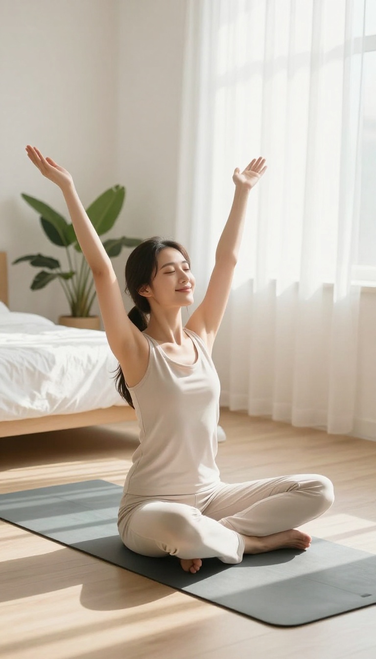 Woman doing a morning stretch in a bright, peaceful bedroom