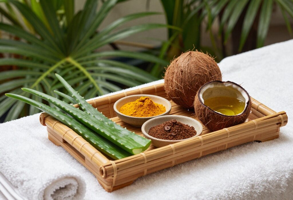 Indonesian body care ingredients arranged on a bamboo tray