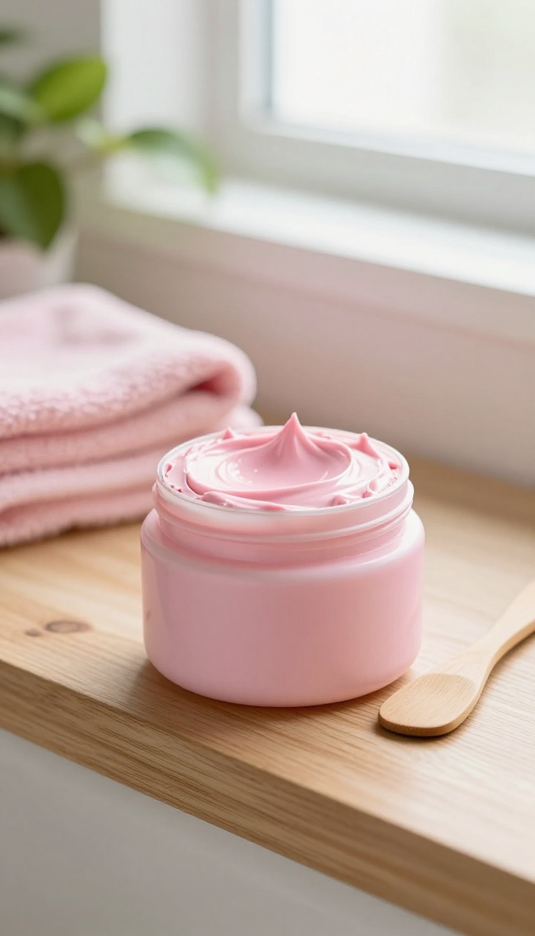 Pink clay mask jar on a wooden shelf in a bright bathroom with soft natural light and spa-like decor.