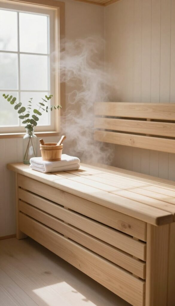 A serene spa-like bathroom with a wooden sauna bench, steam, and eucalyptus, evoking weekly heat therapy for glowing skin.