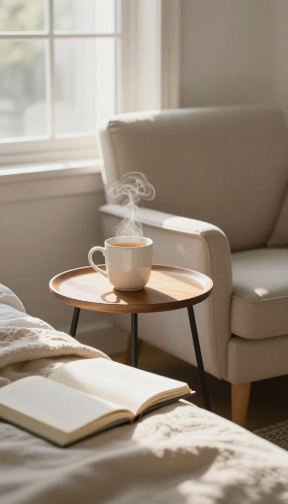 Cozy self-care corner with tea and journal in a sunlit bedroom
