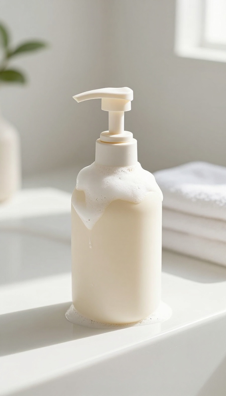 Creamy Dove body wash pump with rich lather and loofah in bright bathroom setting