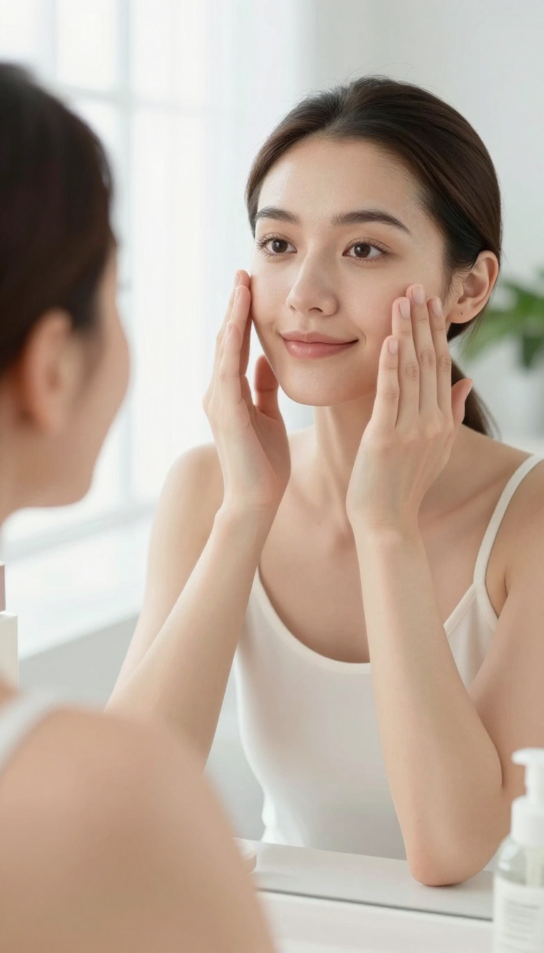 Woman with glowing skin keeping her hands away from her face to avoid transferring dirt and oil