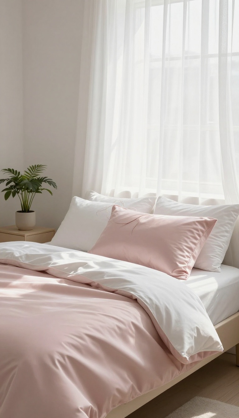 Silk pillowcase on a bed in a bright, serene bedroom