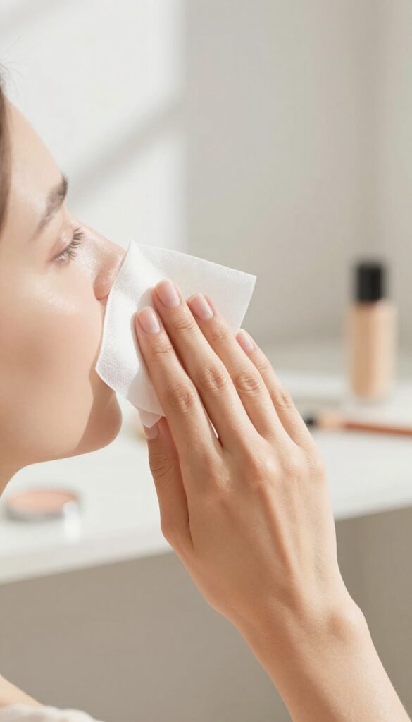Woman using blotting paper to absorb excess oil on her T-zone, maintaining a fresh makeup look