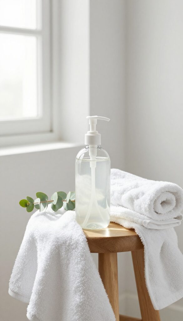 A bottle of fragrant body wash on a wooden stool with towels and eucalyptus in a bright bathroom