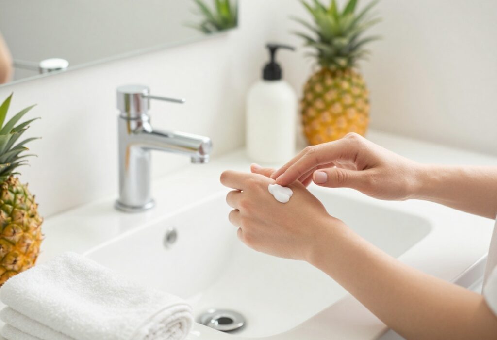 Person applying body lotion in a bright bathroom