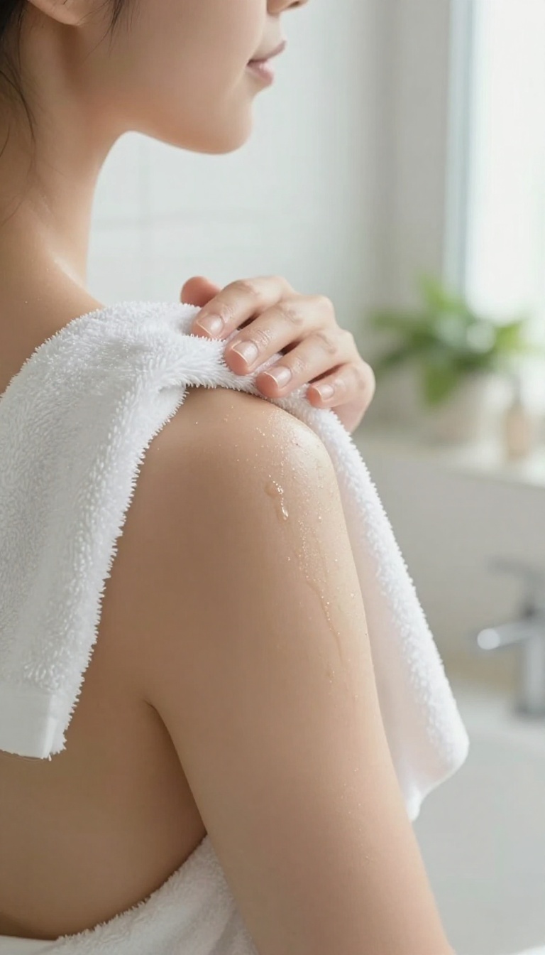 Woman patting her skin dry with a soft towel after a shower, showing smooth, glowing skin.