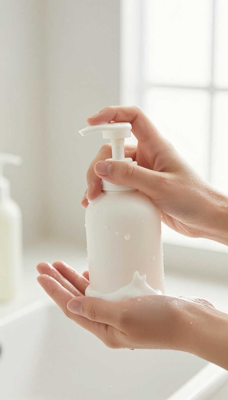 Woman applying gentle body cleanser to her palm in a bright bathroom